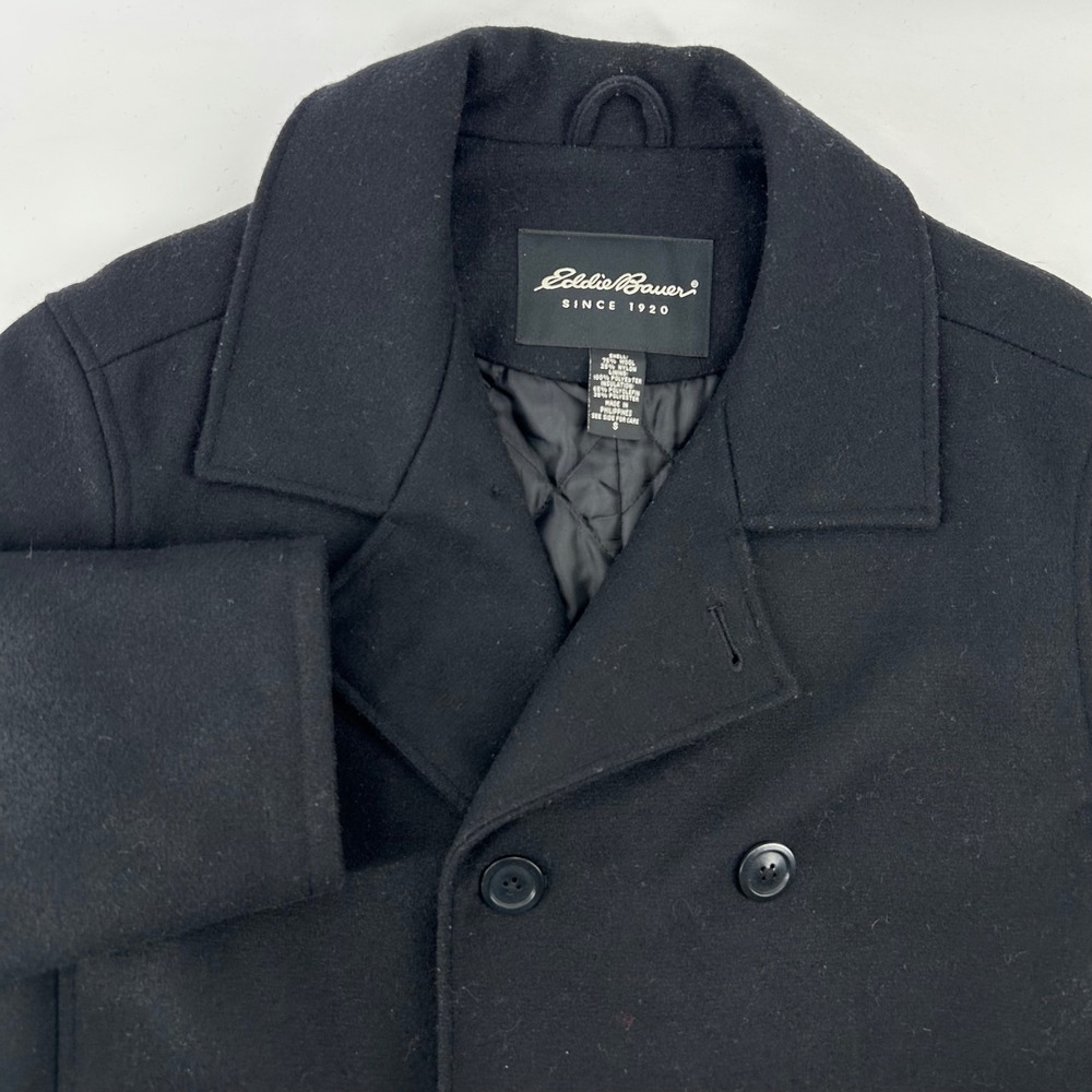 Eddie Bauer Pea Coat Mens Small Black Wool Blend Double Breasted Winter Jacket